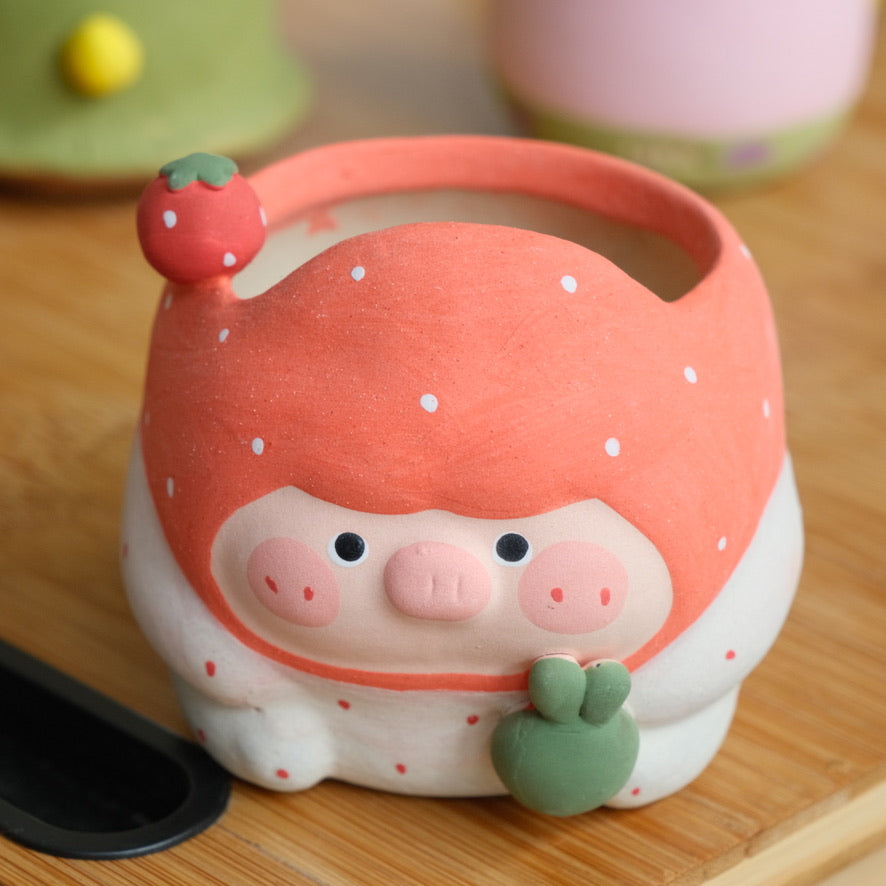 Strawberry Piggy Medium Sized Handmade Pot